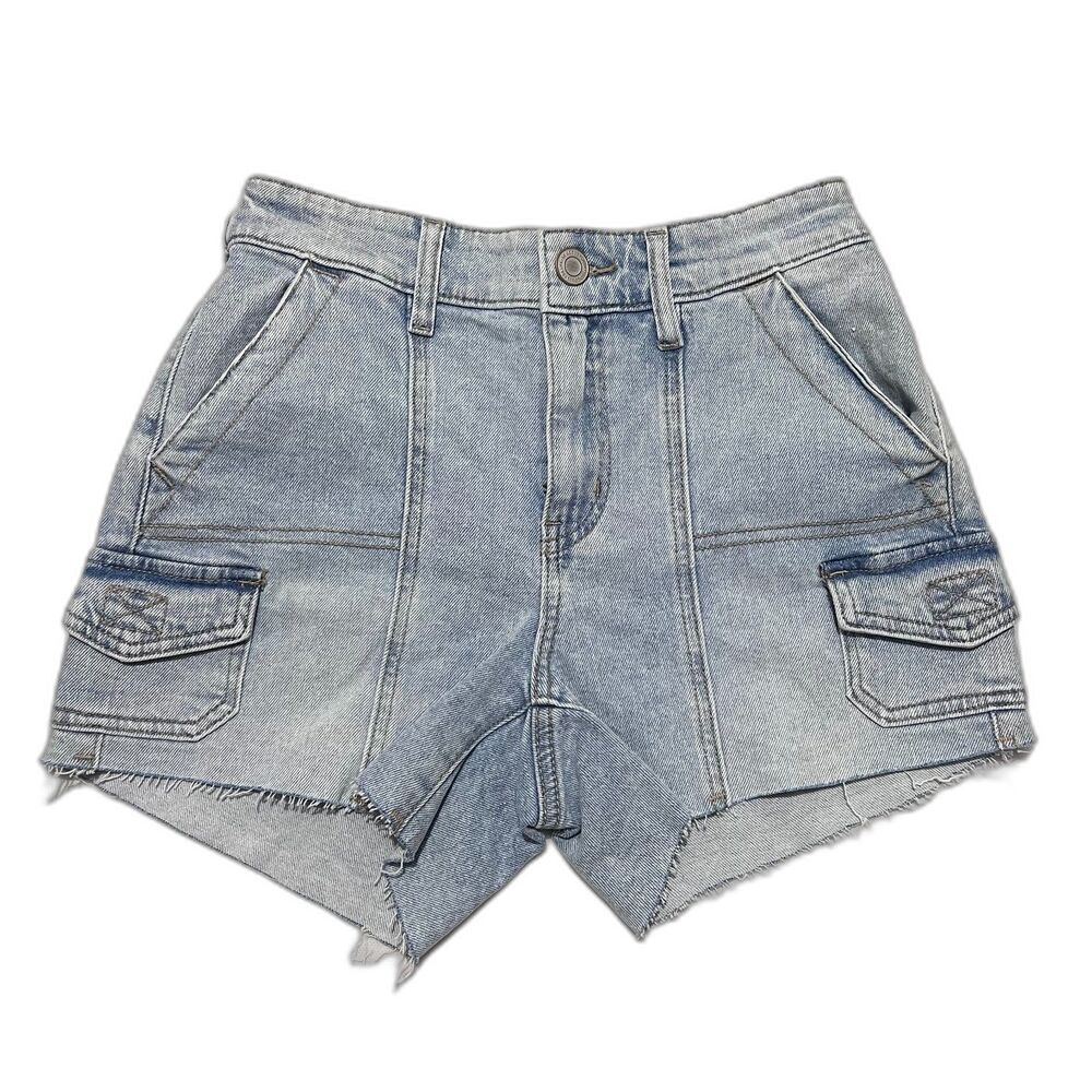 SO High Rise‎ Utility Denim Jean Shorts XS Raw Hem Casual Stretchy Pockets